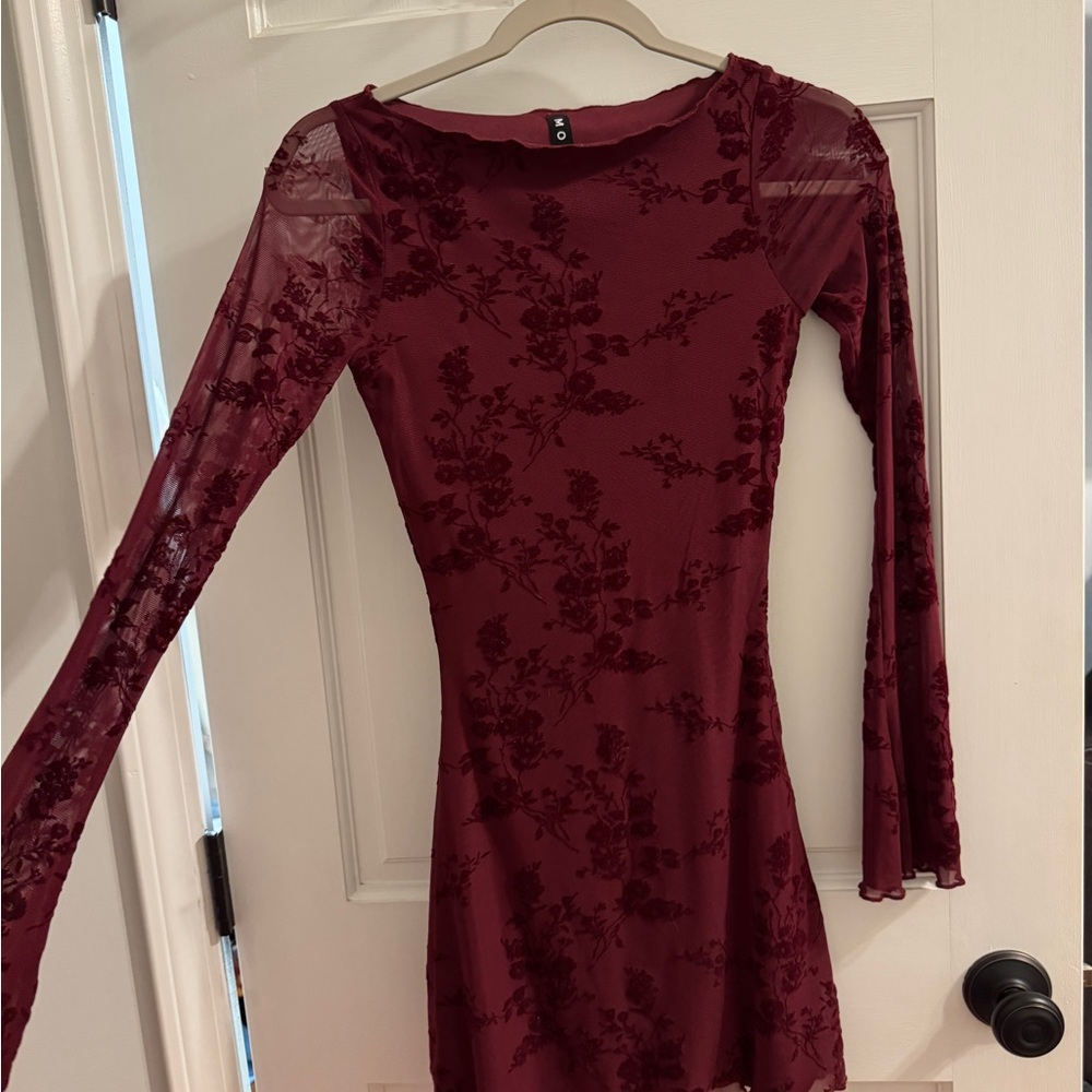 Motel Rocks Burgundy Floral Burnout Long Sleeve Mini Dress